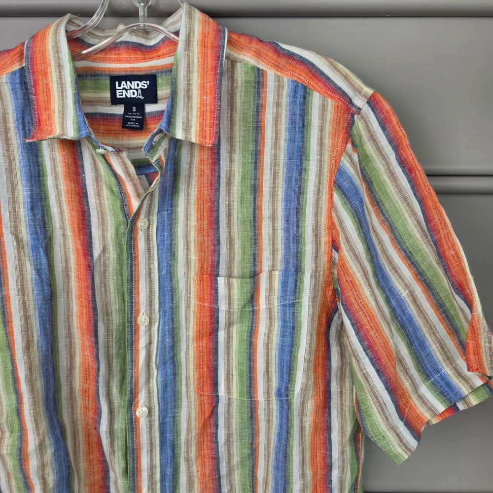 Lands End Mens Small 100% Linen Short Sleeve Shirt Striped Traditional Fit